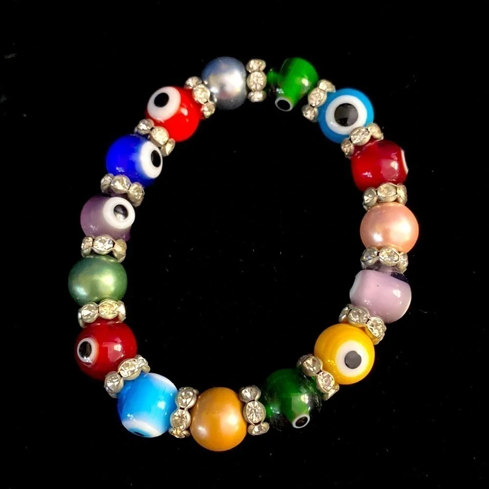 Set of Two Multi Color Evil Eye Bracelet with Crystal Beads Stretch Bracelets